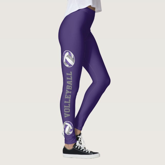 Purple grey team colours volleyballs w text up leg leggings (Right)