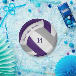 Purple grey teen volleyball party paper plate
