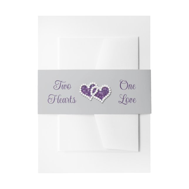 Purple, Grey Two Hearts, One Love Invitation Belly Band (Front Example)