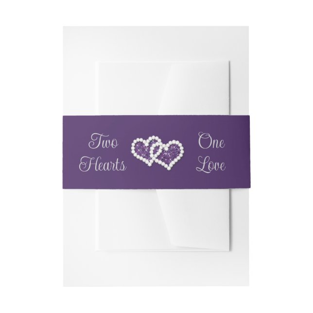 Purple, Grey Two Hearts, One Love Invitation Belly Band (Front Example)