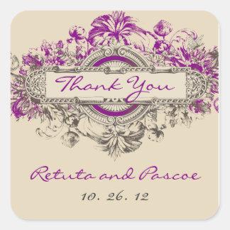 Purple Grey Vintage Floral Wedding Thank You Square Sticker