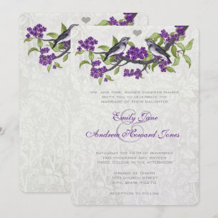 Purple & Grey Vintage Love Birds Wedding Invite
