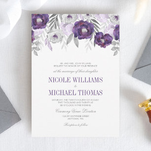 Purple Grey Watercolor Flowers Wedding Invitations