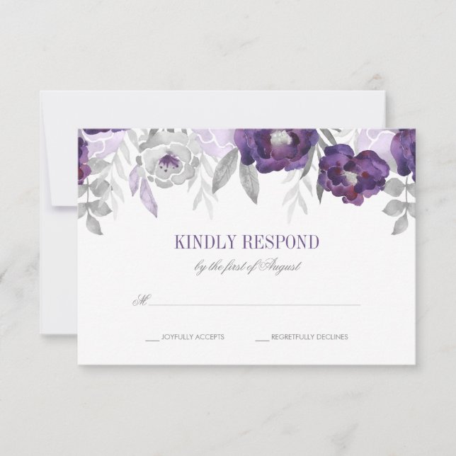 Purple Grey Watercolor Flowers Wedding RSVP Card (Front)