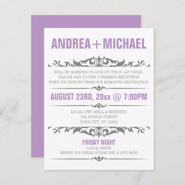Purple & Grey Wedding Reception ONLY Invitations (Front/Back)