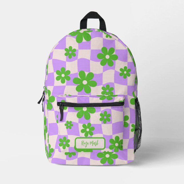 Purple Groovy Daisy Floral Chequerboard Printed Backpack (Front)