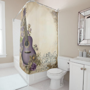 Purple Guitar Music Notes Flowers Shower Curtain