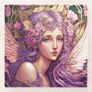 Purple Hair Fairy Angel Fantasy Art Glass Coaster