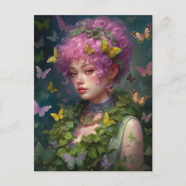 Purple Hair Ivy and Butterfly Woman Postcard (Front)