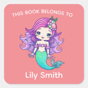 Purple Hair Mermaid and Kids Name book label