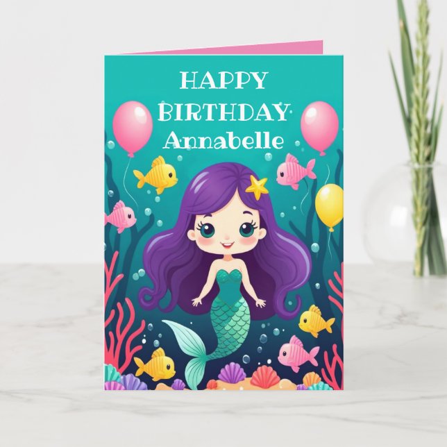 Purple Hair Mermaid Birthday Personalise Card (Front)