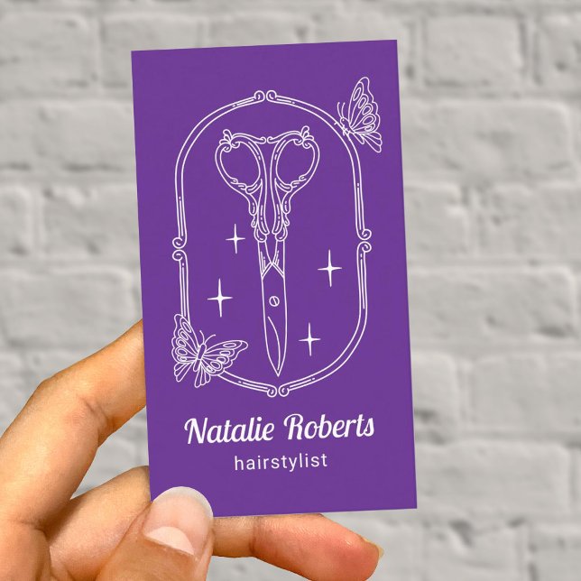 Purple Hair Stylist Cute Scissor & Butterfly Salon Business Card (Creator Uploaded)
