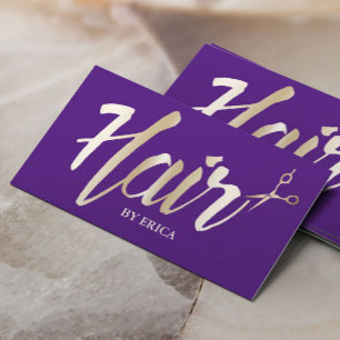 Purple Hair Stylist Gold Script Modern Salon Business Card