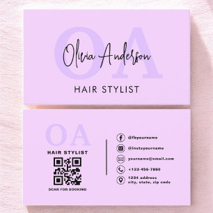 Purple Hair Stylist QR Code Monogram  Business Card