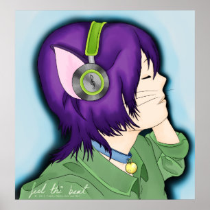 Purple Haired Cat Girl With Headphones Poster