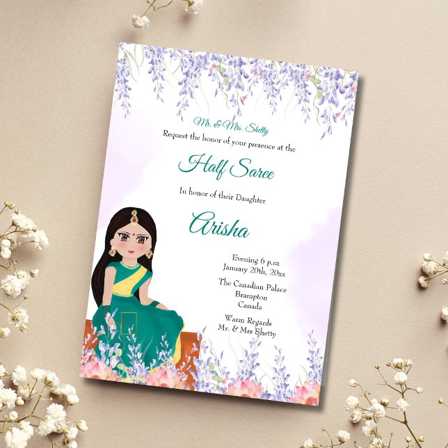 Purple Half Saree invitation card template (Creator Uploaded)