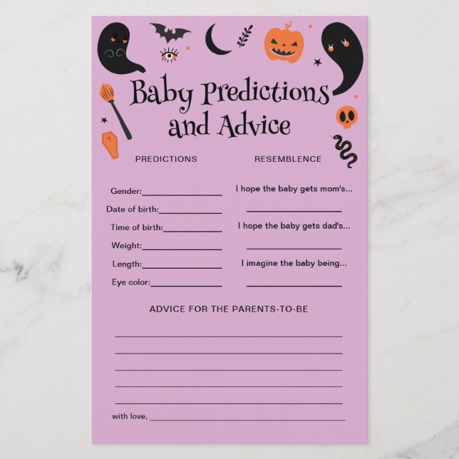 Purple Halloween Baby Shower Baby Predictions Game (Front)