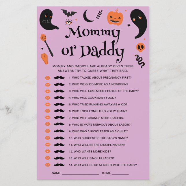 Purple Halloween Baby Shower Guess Who Game (Front)