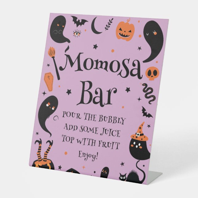 Purple Halloween Baby Shower Momosa Bar Pedestal Sign (Front)