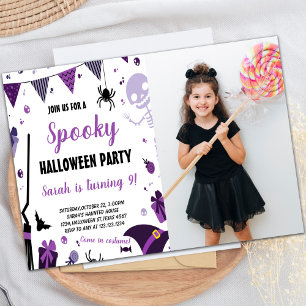 Purple Halloween Birthday Invitations with photo