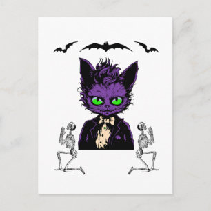 Purple Halloween Cat with Bats and Skeletons Postcard