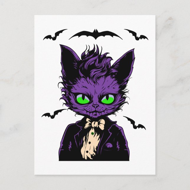 Purple Halloween Cat with Bats Postcard (Front)