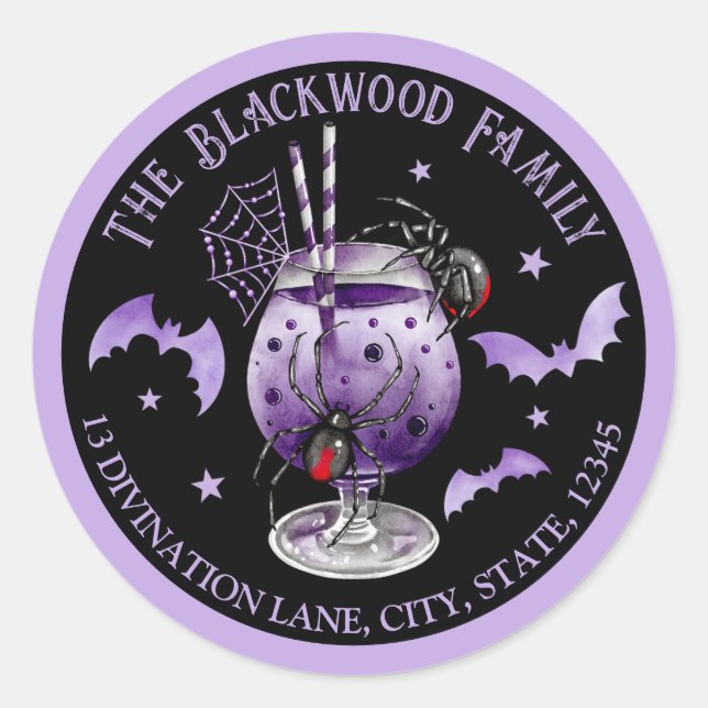 Purple Halloween Cocktail Return Address Classic Round Sticker (Front)