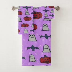 Purple Halloween Fun Print Bath Towel Set