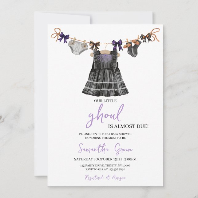 Purple Halloween Little Ghoul Baby Shower Invitation (Front)