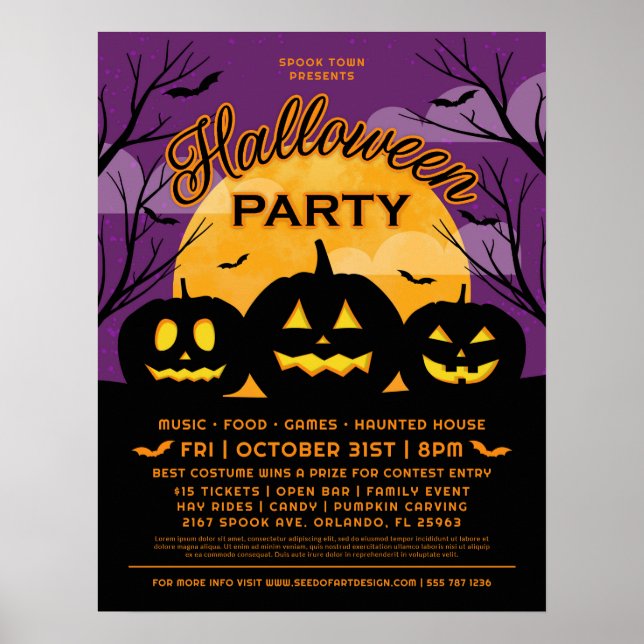 Purple Halloween Party Black Pumpkins Event Poster (Front)