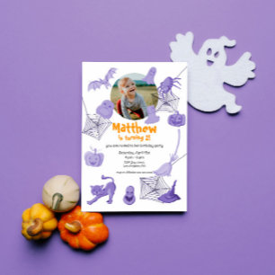 Purple Halloween-themed birthday party invitation