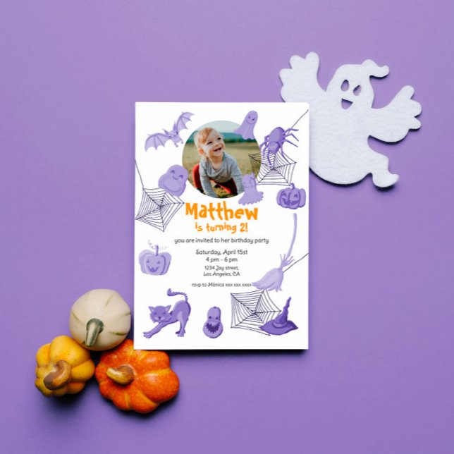 Purple Halloween-themed birthday party invitation (Birthday party invitation with Halloween theme, customizable with photo and editable text.)