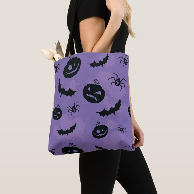 Purple Halloween Tote with creatures booo (Close Up)