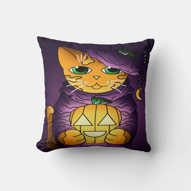 Purple Halloween Witch Cat Cushion (Front)
