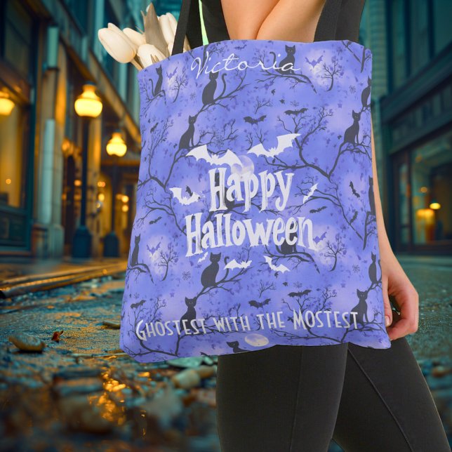Purple Halloween with black cats and bats Tote Bag (Creator Uploaded)