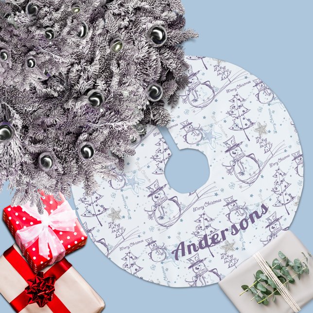 Purple Hand Drawn Christmas Snowman Brushed Polyester Tree Skirt (Creator Uploaded)