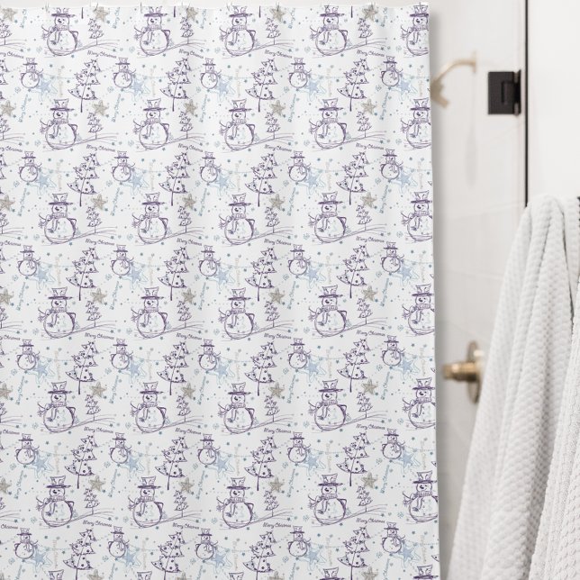 Purple Hand Drawn Christmas Snowman Shower Curtain (Creator Uploaded)