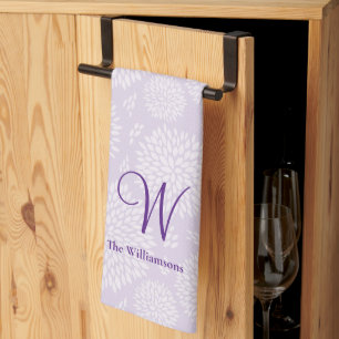 Purple Hand-drawn Flower pattern Monogram Tea Towel