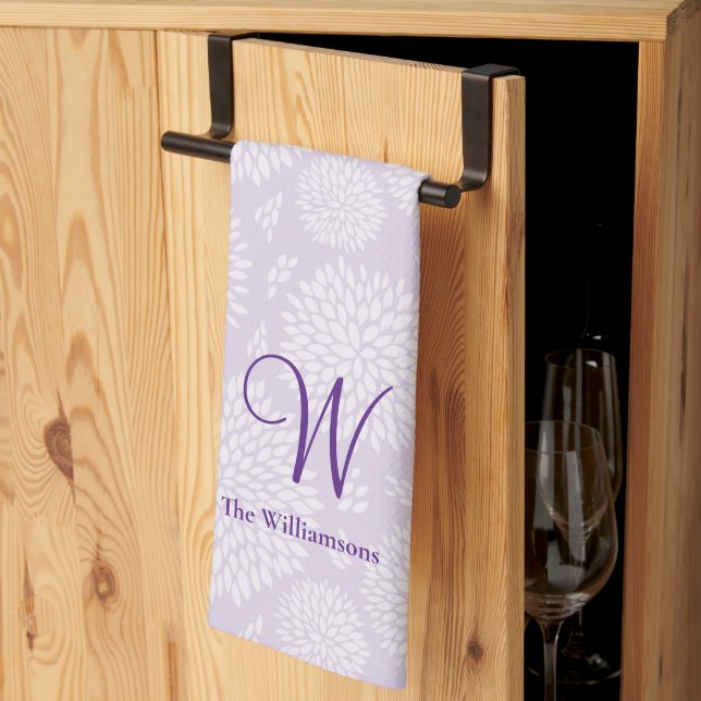 Purple Hand-drawn Flower pattern Monogram Tea Towel (Thirds Fold)
