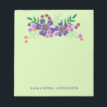Purple Hand Drawn Flowers, Personalised Notepad<br><div class="desc">This colourful floral notepad features a hand drawn floral graphic on the top. The design offers the colours: purple, orange, dark pink and green. The background colour is a light lime green, although it can be changed to any colour available by choosing customise it. Customisable text, near the bottom, allows...</div>