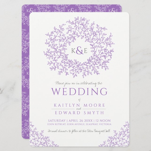 Purple hand drawn leaf monogram art wedding invitation (Front/Back)