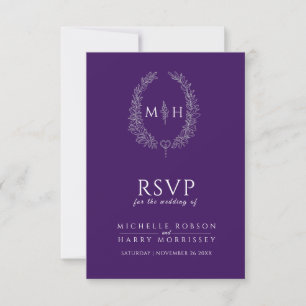 Purple hand drawn leaf monogram RSVP wedding Card