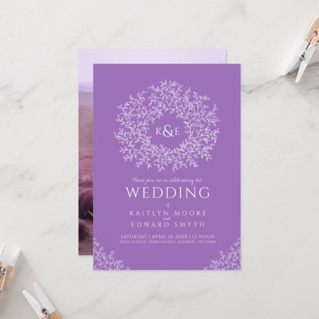 Purple hand-drawn spring leaf botanical wreath invitation (Front/Back In Situ)