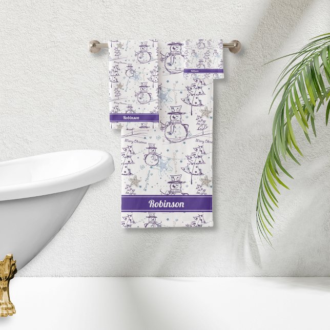 Purple Hand Drawn Xmas Snowman Stripe Bath Towel Set (Creator Uploaded)