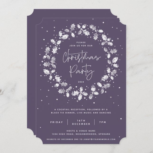 Purple Hand Printed Holly Wreath Christmas Party Invitation (Front/Back)