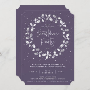 Purple Hand Printed Holly Wreath Christmas Party Invitation
