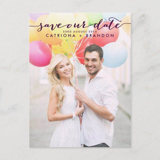 Purple Handwritten Script Photo Save Our Date Announcement Postcard (Front)