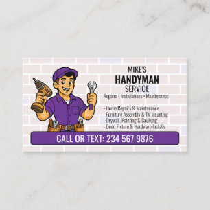 Purple Handyman Cartoon Man Tool QR Home Repair Business Card