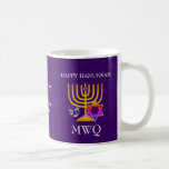 Purple HANUKKAH Monogram Coffee Mug<br><div class="desc">Elegant, stylish purple HANUKKAH coffee mug, designed with faux gold menorah, colourful Star of David and silver coloured dreidel plus CUSTOMIZABLE MONOGRAM and GREETING in Hebrew, so you can add your initials and create your own greeting. There is a subtle tiled pattern of the Star of David in the background....</div>