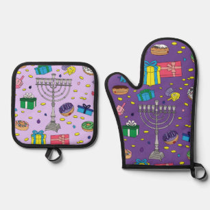 Purple Hanukkah Pattern Oven Mitt & Pot Holder Set